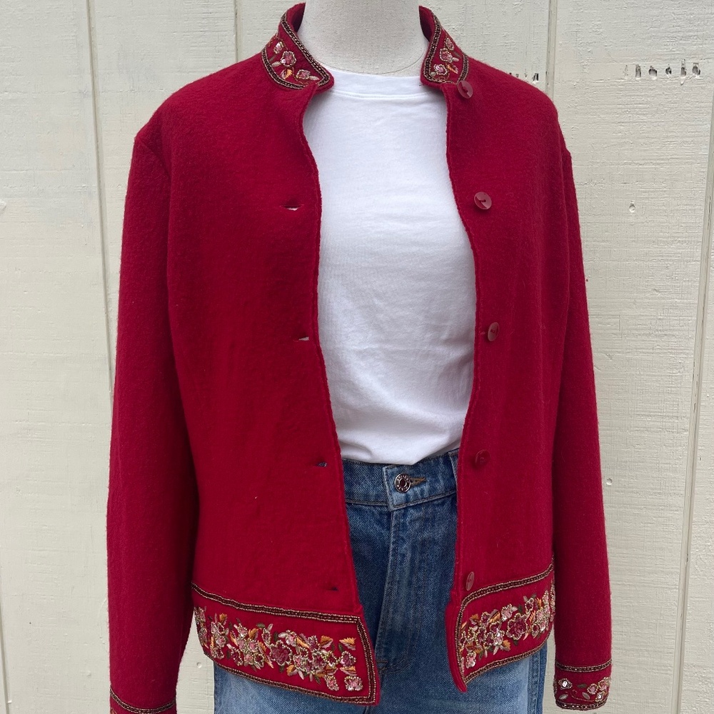 Talbots Red Boiled Wool Jacket with Beaded Details Size Medium